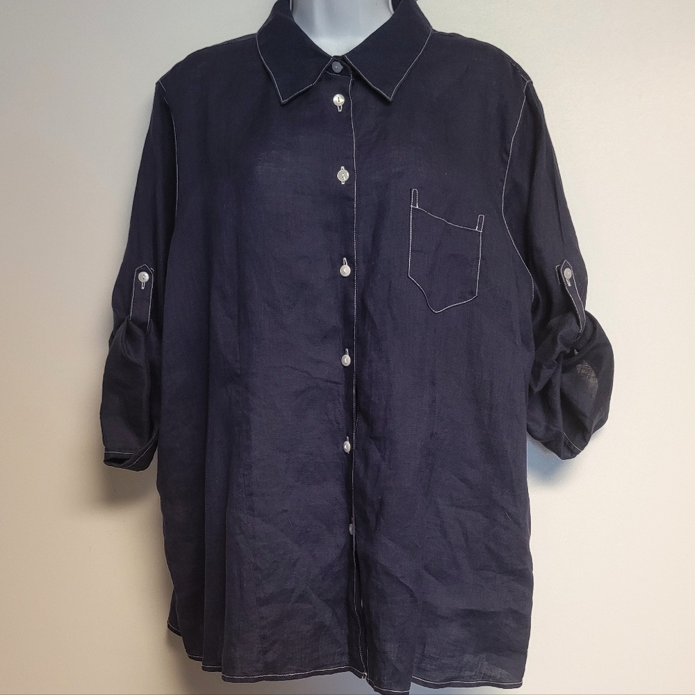 Foxcroft 100% Linen Button Down Shirt Navy Blue Size 18W Shaped Fit